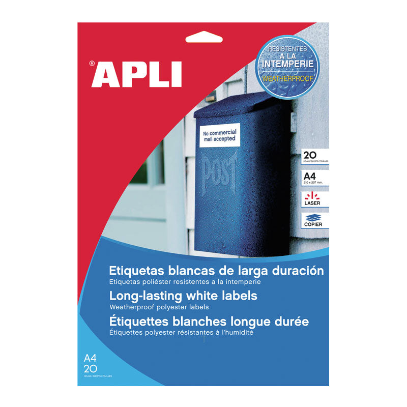 Lipnios etiketės APLI, 210 x 297 mm, A4, 1 lipdukai lape, 20 lapų, permatoma