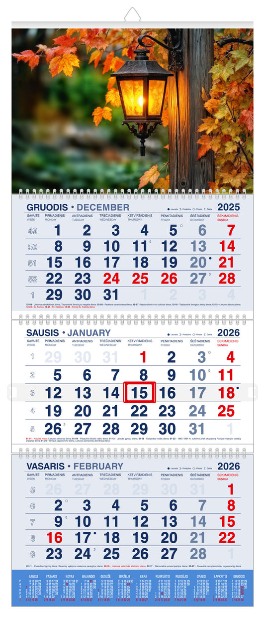 Pakabinamas kalendorius ŽIBINTAS, 2026, 3 dalys