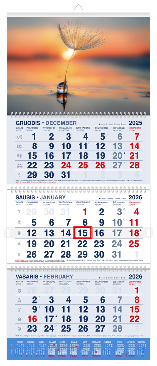Pakabinamas kalendorius TYLOS AKIMIRKA 2026, 3 dalys