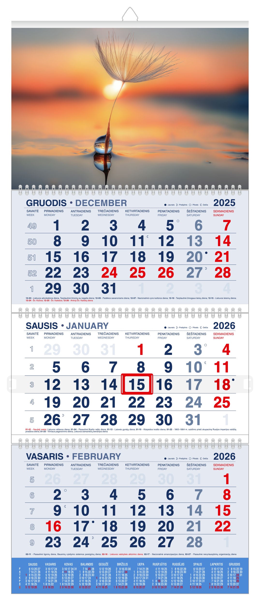 Pakabinamas kalendorius TYLOS AKIMIRKA 2026, 3 dalys