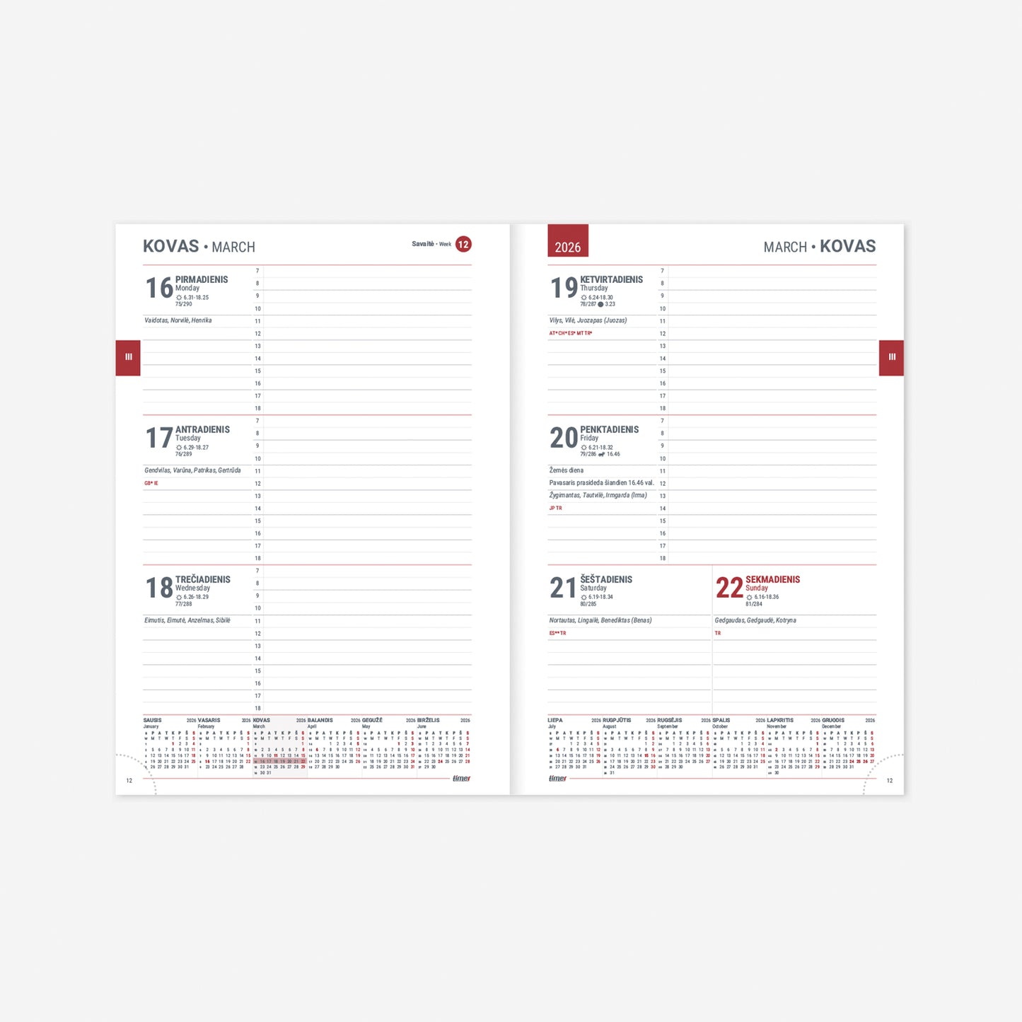 Kalendorius Week 2026, A5, PU, bordo sp.