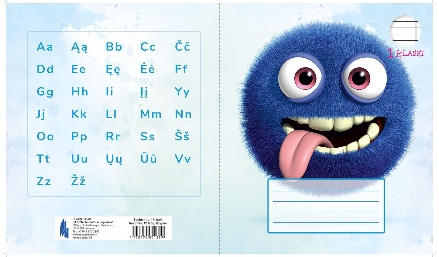 Sąsiuvinis TECHNOINFORM, 1 klasei, A5, 12 lapų, 80 gsm, linijomis