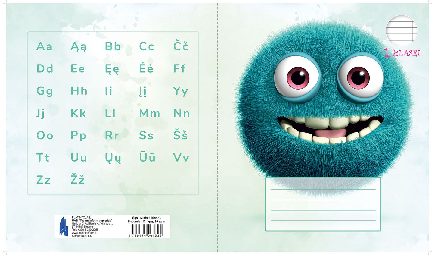 Sąsiuvinis TECHNOINFORM, 1 klasei, A5, 12 lapų, 80 gsm, linijomis