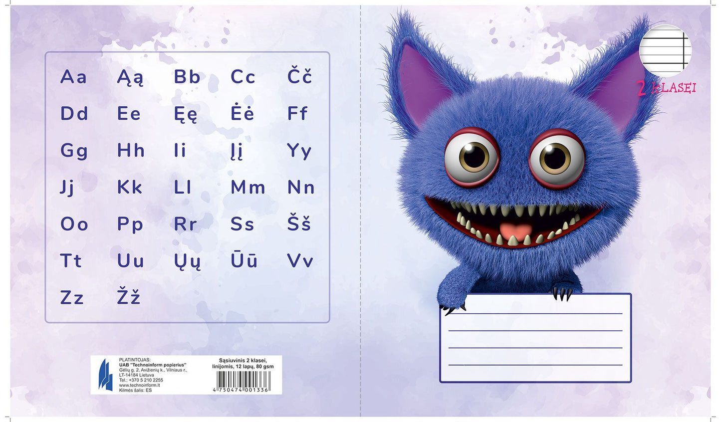 Sąsiuvinis TECHNOINFORM, 2 klasei, A5, 12 lapų, 80 gsm, linijomis