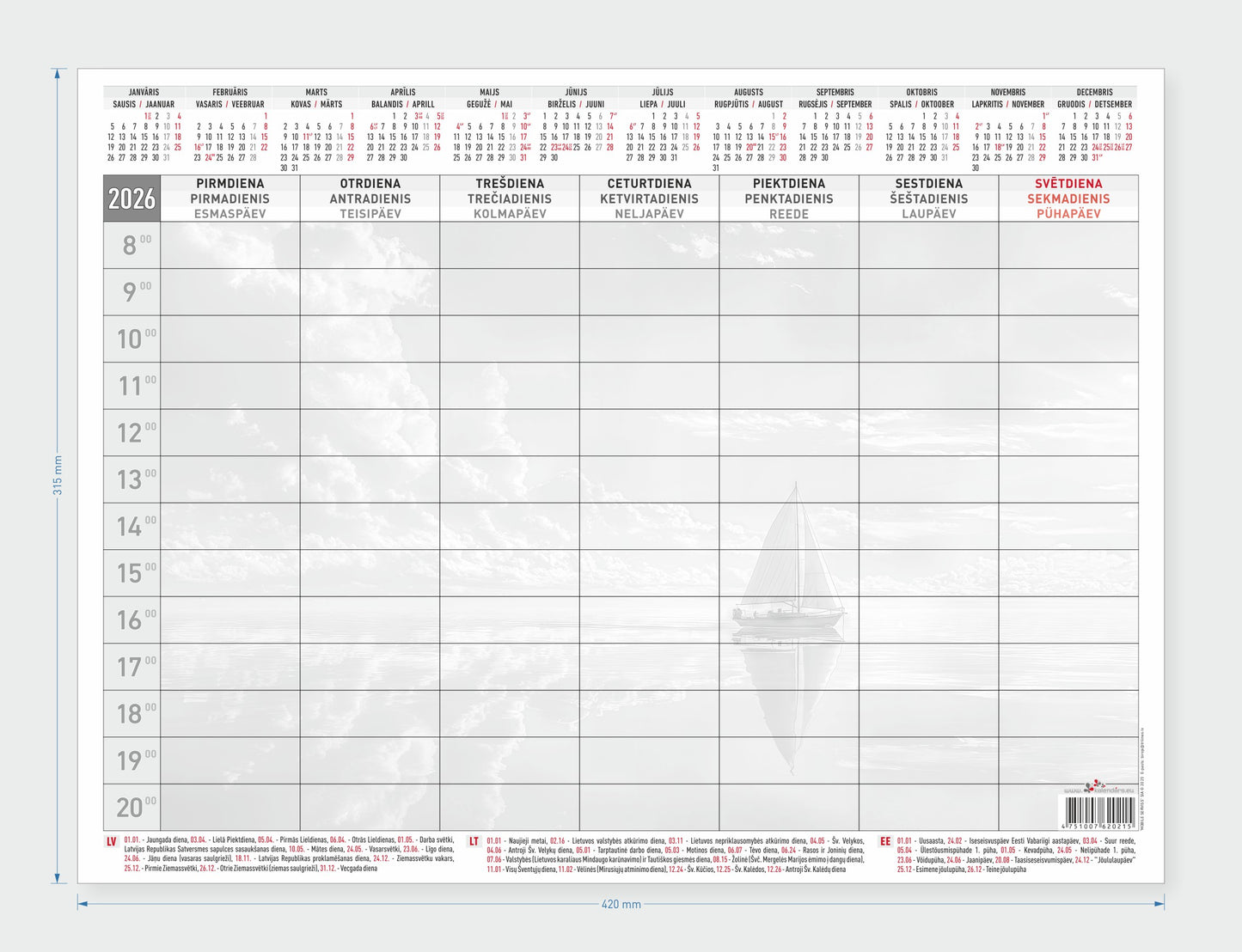 Stalo kalendorius 2026, A3+, 53 lapai, savaitė (Baltic)
