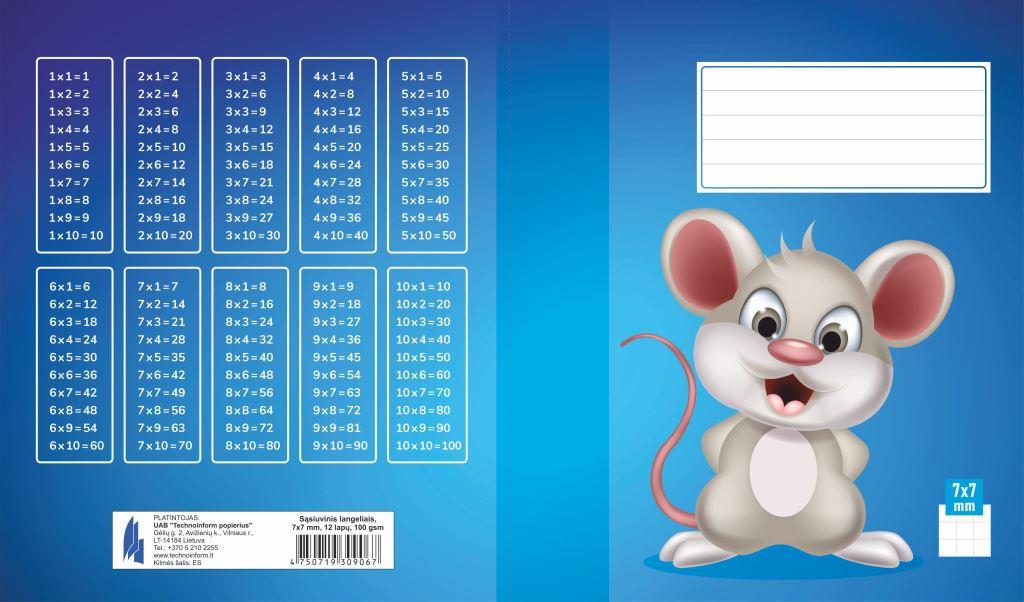 Sąsiuvinis 1 klasei, A5, langeliais, 12 lapų, 100gsm, kartoniniu viršeliu