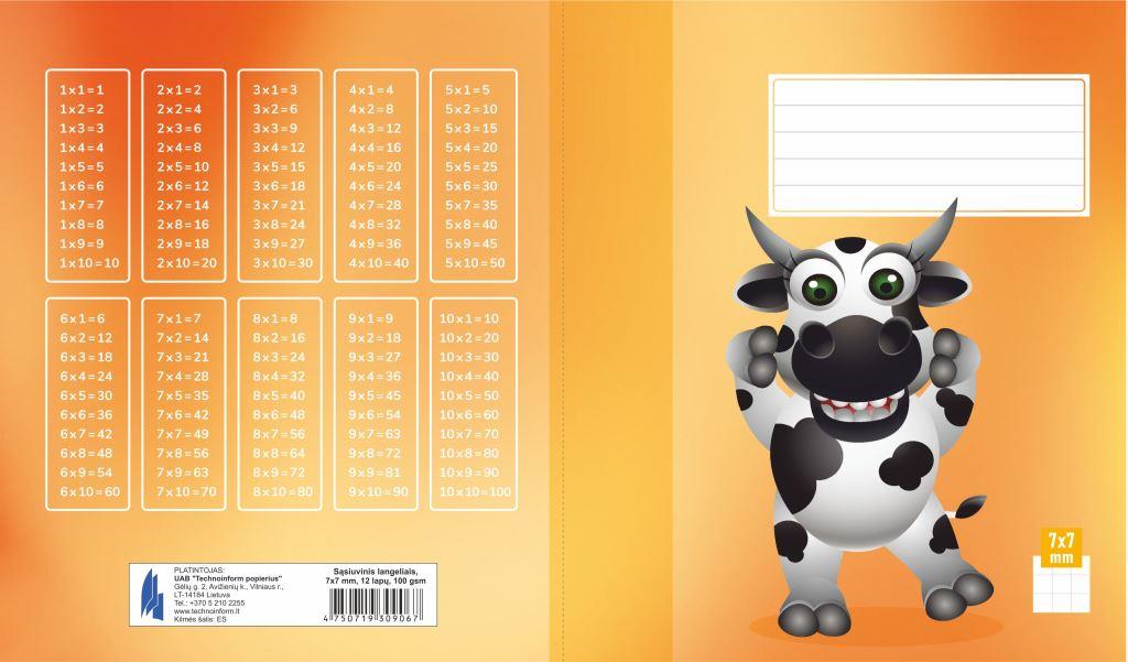 Sąsiuvinis 1 klasei, A5, langeliais, 12 lapų, 100gsm, kartoniniu viršeliu