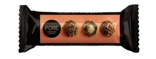 PURE chocolate truffles with marzipan cream filling and crunchy amaretti biscuit decoration, 32g