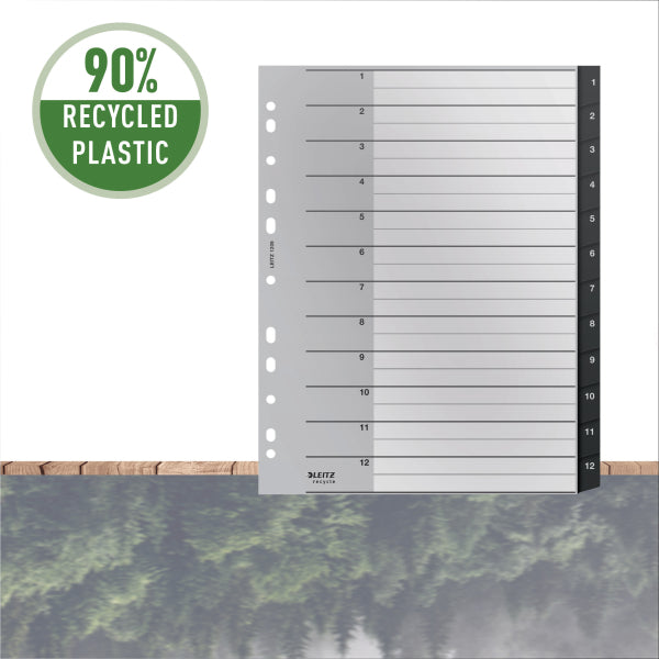 Skiriamieji lapai Leitz Recycle, 1-12, A4 MAXI, PP, juodos salvos