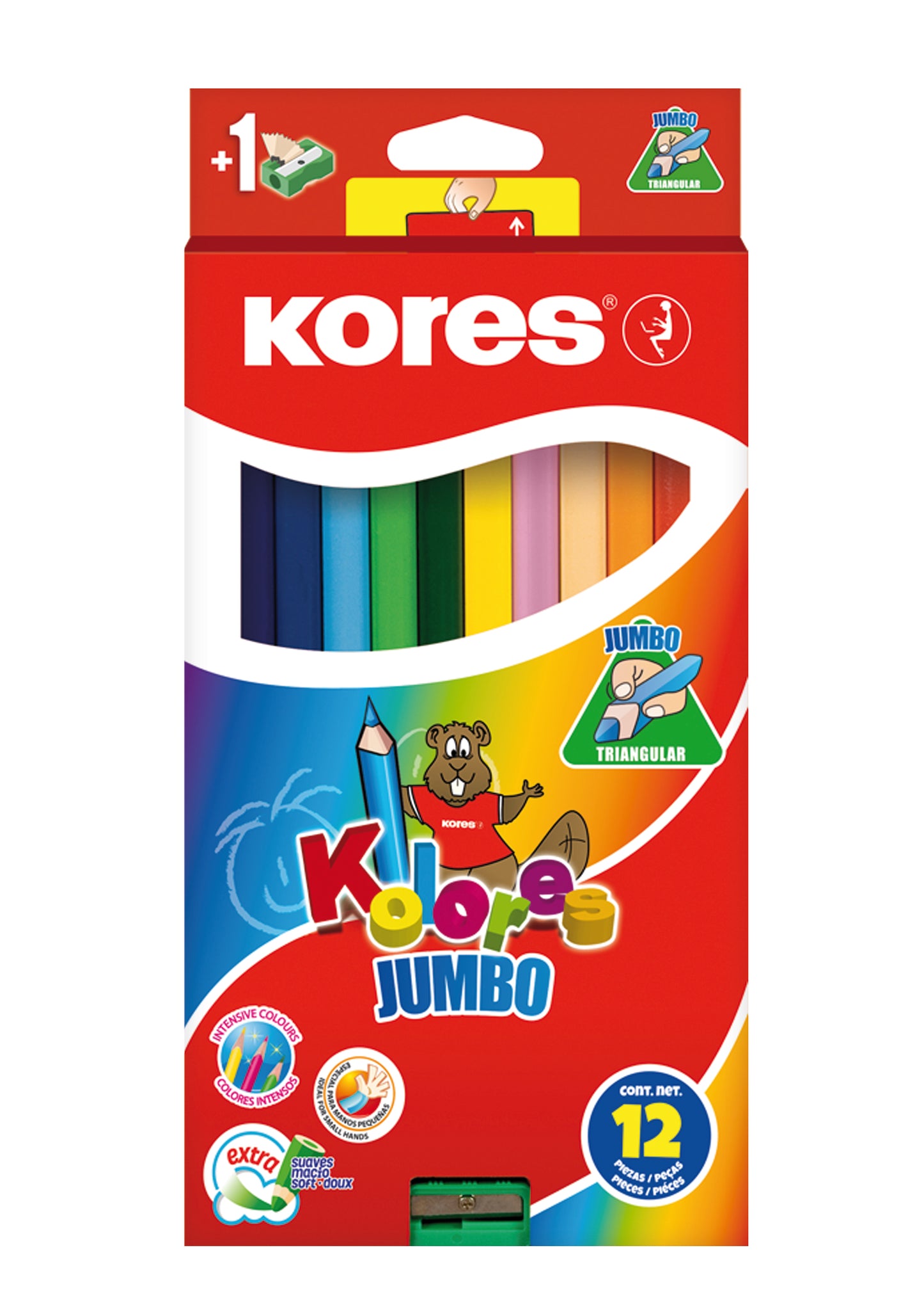 KORES JUMBO triangular colored pencils, 12 colors with sharpener