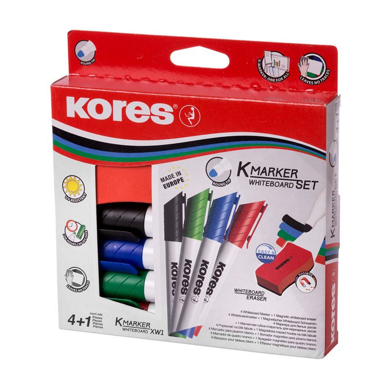 Whiteboard marker set KORES K-Marker XW1 oval tip, 4 colors + eraser