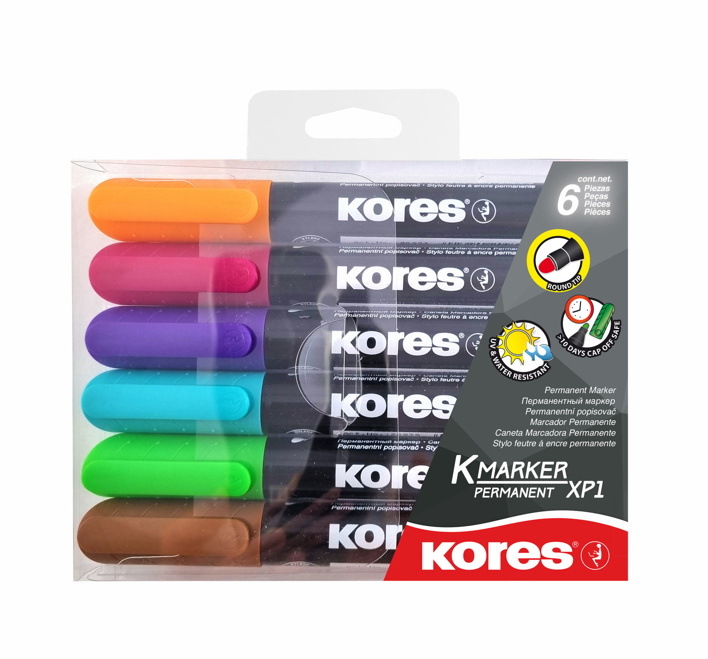 Permanent marker KORES XP2, round tip, 6-color set