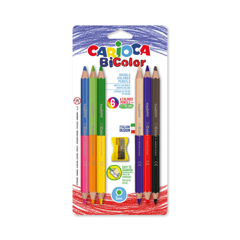 Colored double-sided tri-edged pencils CARIOCA, with sharpener, 6 pcs. 12 colors