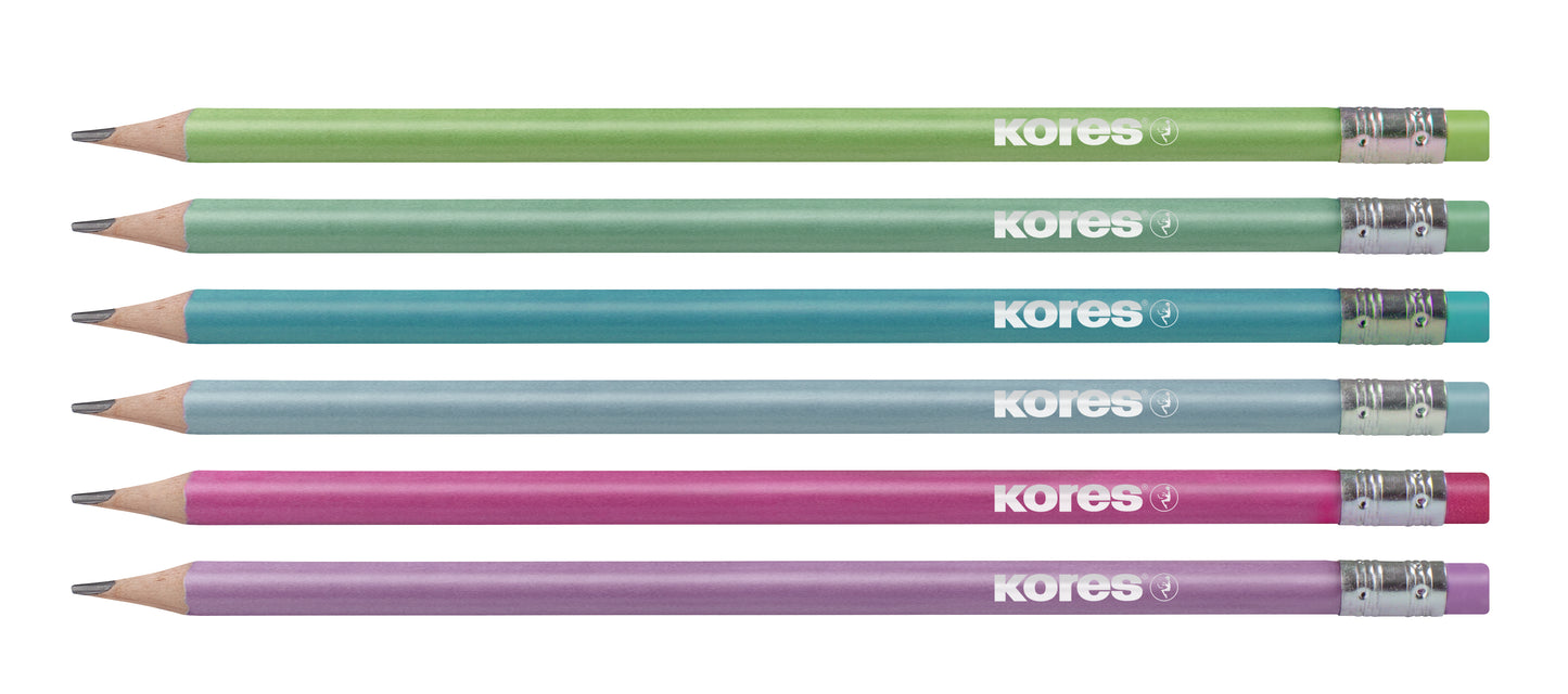 Grafitinių pieštukų rinkinys KORES GRAFITOS STYLE su trintuku, tribriauniai, HB, 6 metalizuotos spalvos
