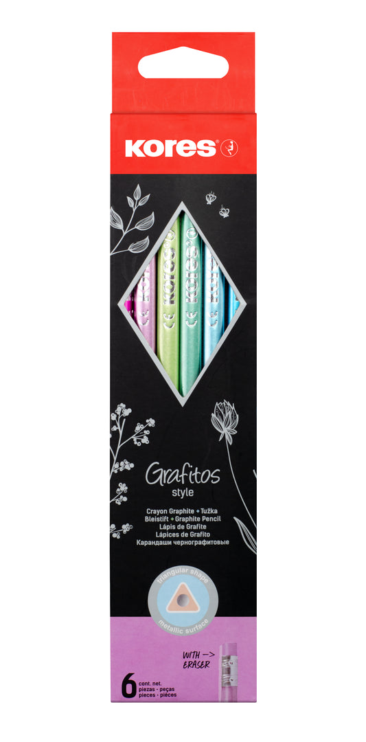 Grafitinių pieštukų rinkinys KORES GRAFITOS STYLE su trintuku, tribriauniai, HB, 6 metalizuotos spalvos