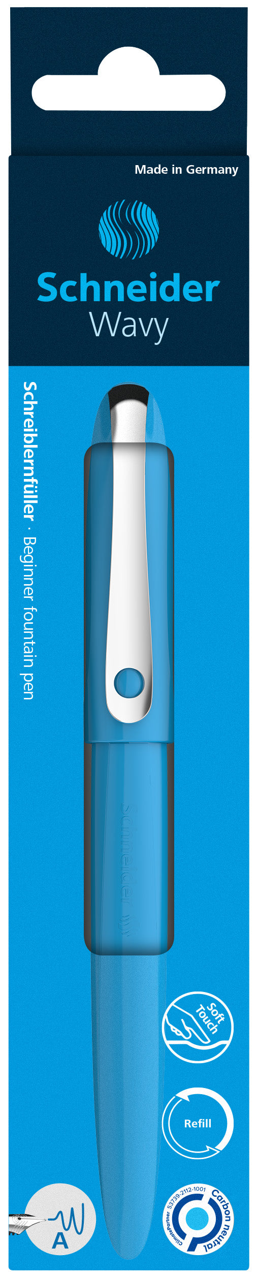 Plunksnakotis SCHNEIDER Wavy A, dešiniarankiams ir kairiarankiams, mėlynos spal. korpusas, blisteryje