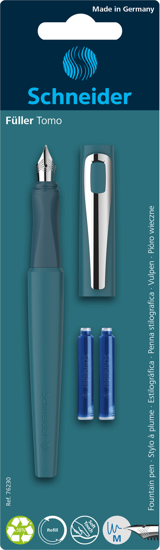 Plunksnakotis SCHNEIDER Tomo M, plastikinis matinis įvairių spalvų korpusas,  tinka dešiniarankiams ir kairiarankiams, blisteryje