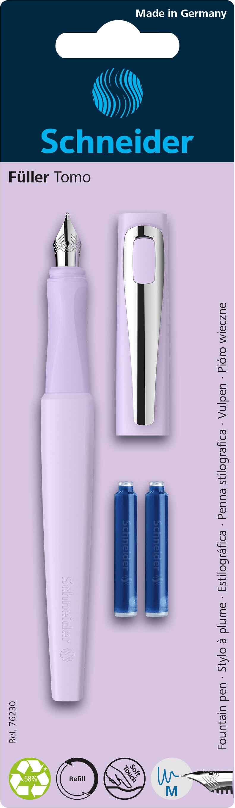 Plunksnakotis SCHNEIDER Tomo M, plastikinis matinis įvairių spalvų korpusas,  tinka dešiniarankiams ir kairiarankiams, blisteryje