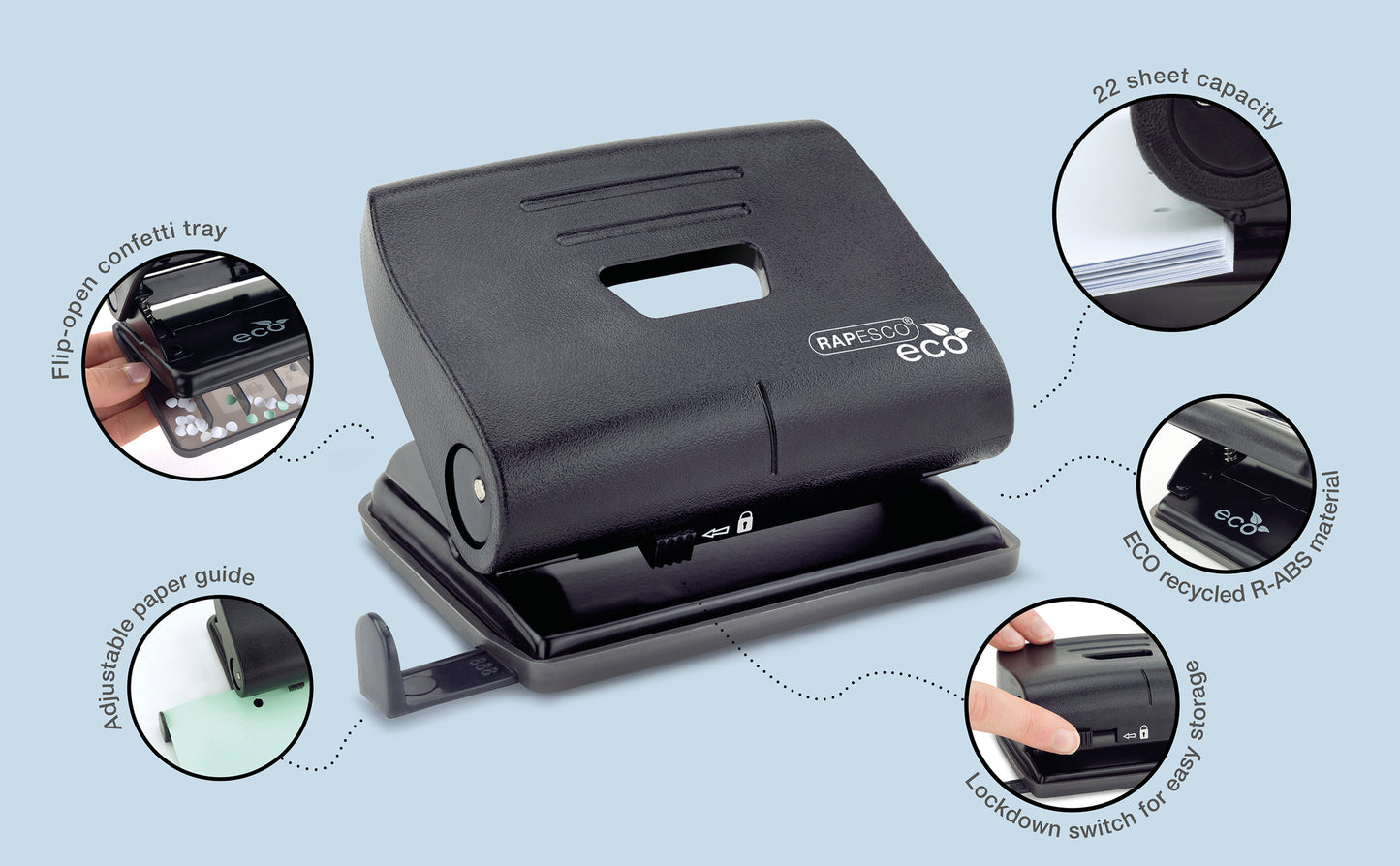 Skylmuša RAPESCO ECO Medium, 2 skylių, 22 lapų, juoda