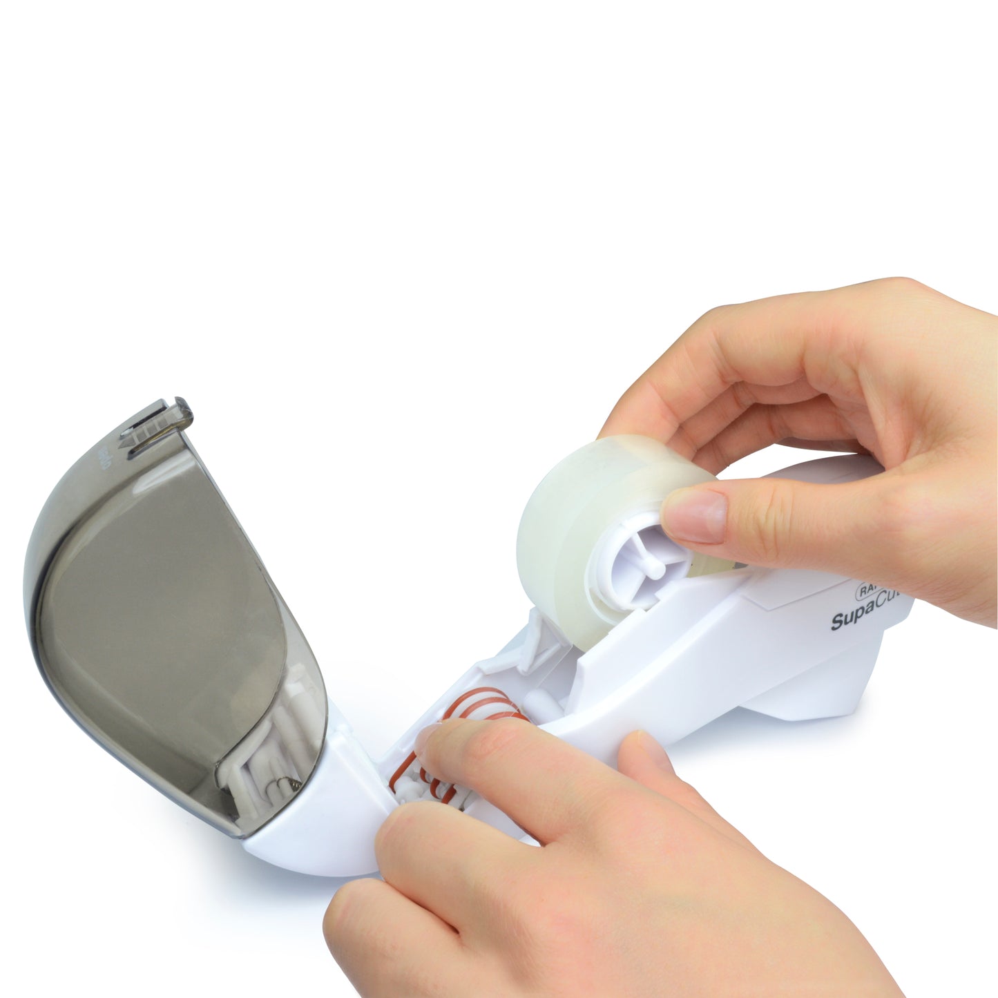 Automatinis lipnios juostos laikiklis Rapesco SupaCut™ su 2 lipnios juostos ritinėliais, baltas