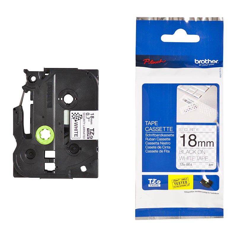 Juostelė BROTHER TZE-SE4, 18 mm x 8 m, apsauginė, juodai ant balto