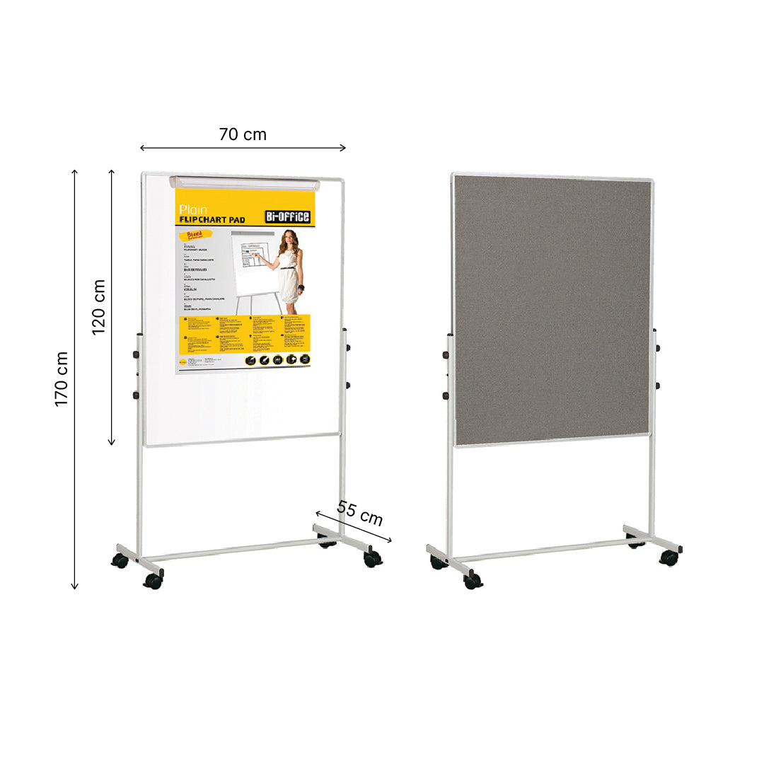 Mobilioji dvipusė lenta BI-OFFICE 70x120, baltoji magnetinė ir pilko veltinio, aliuminio rėmas