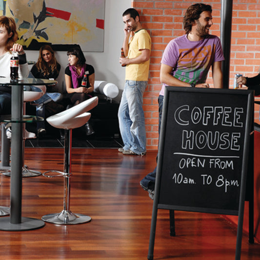 Dvipusė pastatoma kreidinė lenta BI-OFFICE 60x90, 120 cm aukštis, juodas rėmas, juoda lenta