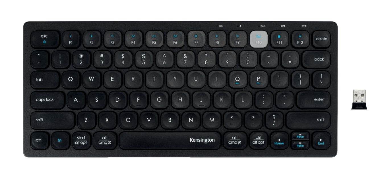 Belaidė kompaktiška Kensington klaviatūra su dvigubu ryšiu, juoda