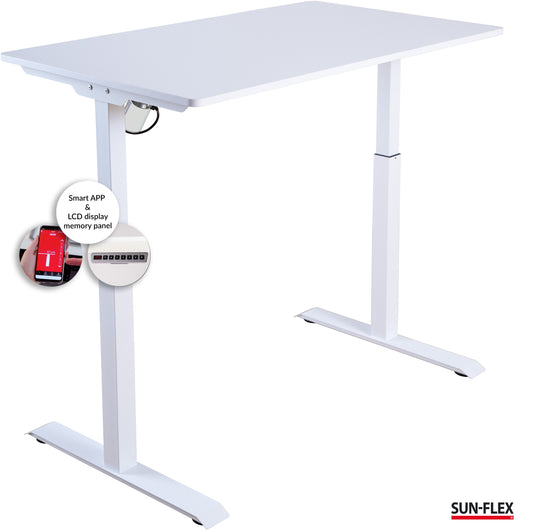 Reguliuojamo aukščio stalas SUN-FLEX®EASYDESK ELITE, elektrinis, vieno variklio, baltas rėmas, 120x60 cm baltas stalviršis