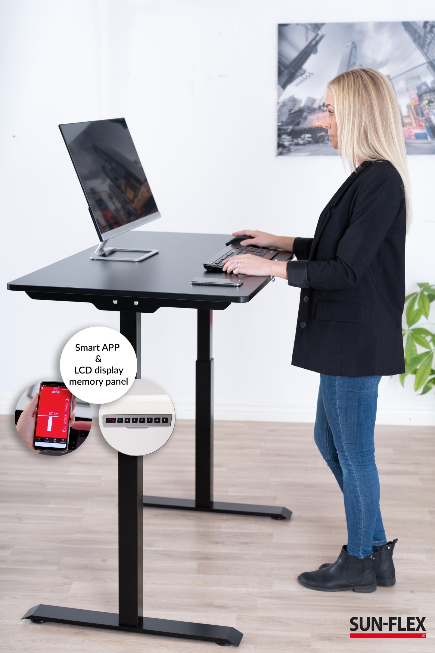 Reguliuojamo aukščio stalas SUN-FLEX®EASYDESK ELITE, elektrinis, vieno variklio, juodas rėmas, 120x60 cm juodas stalviršis
