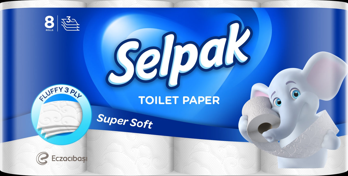 Toilet paper SELPAK, 3 ply, 16.8 m long, 8 pcs/pack, white