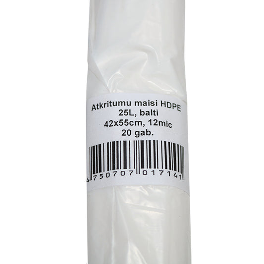 Šiukšlių maišai, 25 l, 20 vnt/ritinys. HDPE, 12 mikronų, balta