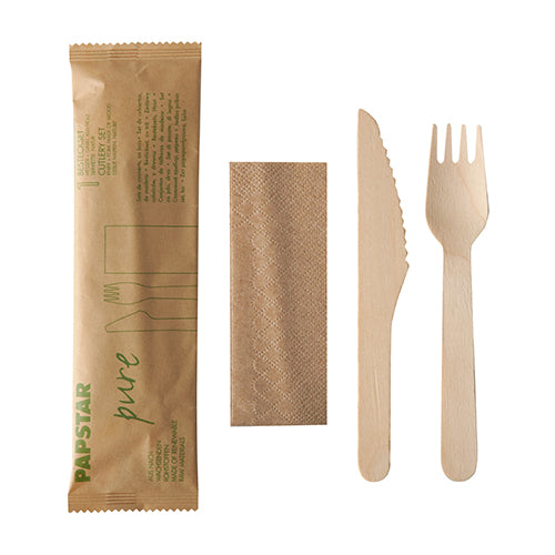 PAPSTAR tool set, fork, knife, napkin, wooden, in hygienic packaging 50 pcs.
