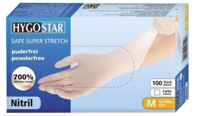 Nitrilo pirštinės HYGOSTAR, 24cm, baltos, M dydis, 100 vnt.