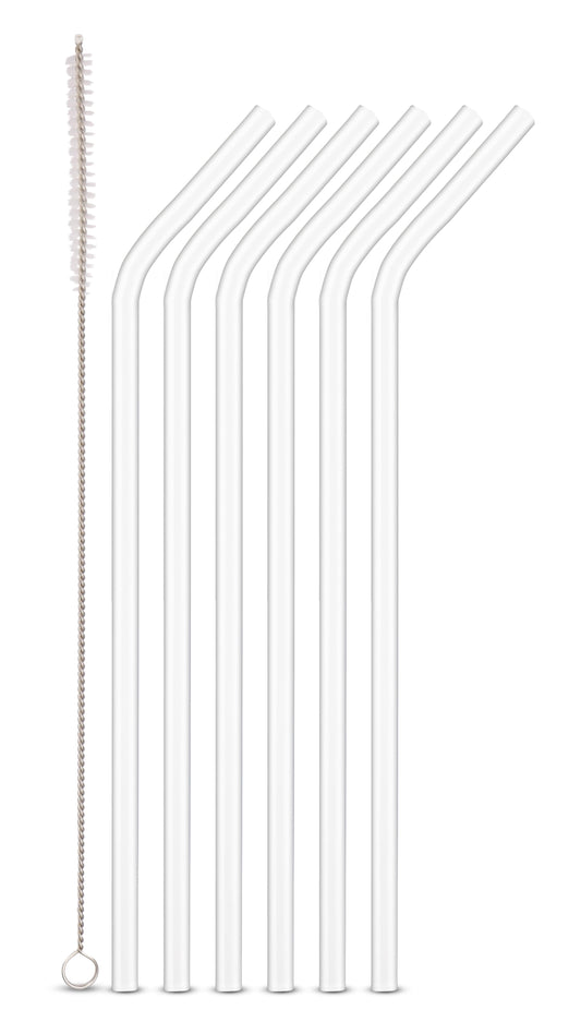 Šiaudeliai Glass, su šepetėliu, lenkti, borosilikatinis stiklas, D 8 mm, L 24 cm, 6 vnt