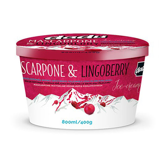 Maskarponės skonio grietininiai valgomieji ledai DADU, su bruknių įdaru, 800 ml