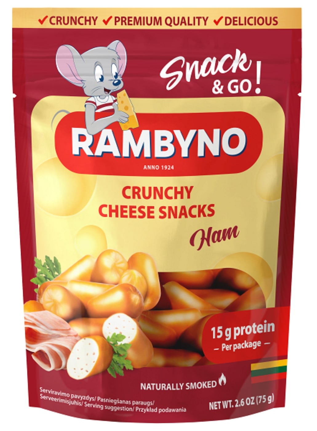 Lydytas rūkytas sūrio užkandis RAMBYNO CHEESE SNACKS, su kumpiu, 45% s.m., 75 g