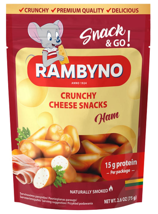 Lydytas rūkytas sūrio užkandis RAMBYNO CHEESE SNACKS, su kumpiu, 45% s.m., 75 g