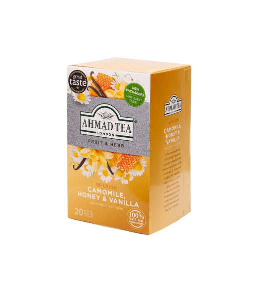 Vaisių ir žolelių arbata AHMAD Camomile Honey & Vanilla, 20 arbatos pakelių x 2 g, vokeliuose
