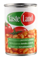 Konservuotos pupelės TASTE LAND, baltosios, pomidorų padaže, 400 g/255 g
