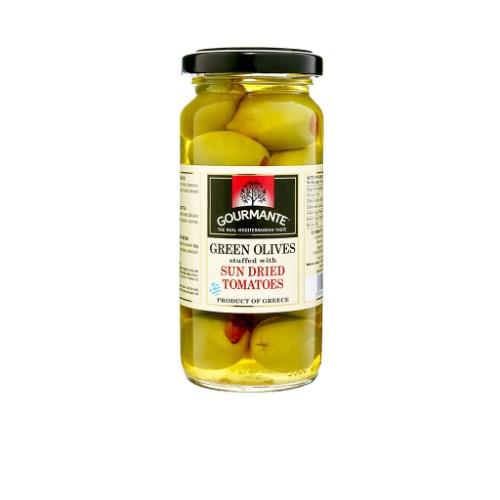Žaliosios alyvuogės GOURMANTE, įdarytos saulėje džiovintais pomidorais, sūryme, 227 g/127 g