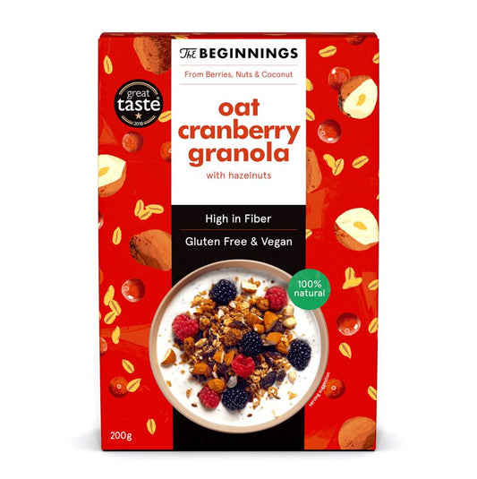 Veganiška avižinė granola THE BEGINNINGS, su spanguolėmis, 200 g