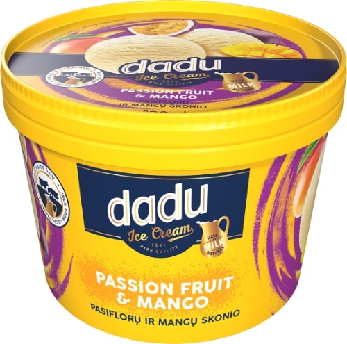 Vanilla ice cream DADU, passion fruit flavour and mango pieces filling, 800ml/ 400 g
