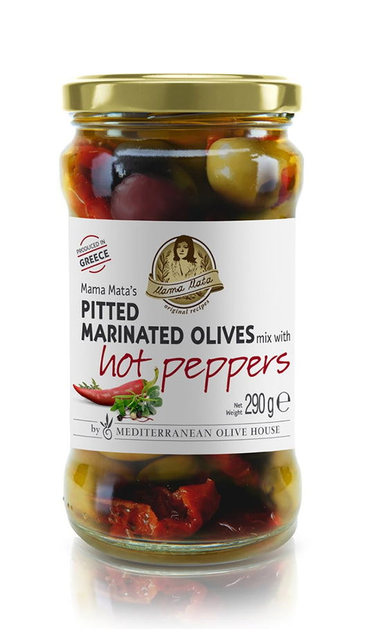Marinuotų alyvuogių mišinys MAMA MATA's, be kauliukų, su aštriaisiais pipirais, 290g