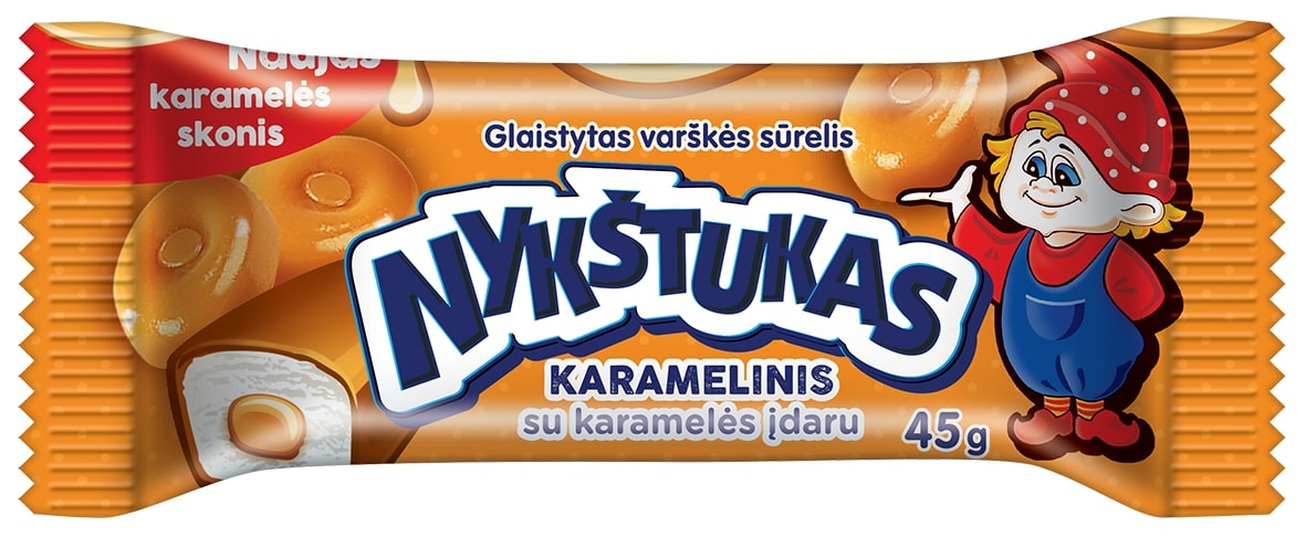 Varškės sūrelis NYKŠTUKAS su karamelės įdaru karameliniu glaistu,21% rieb.  45g