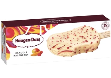 Haagen Dazs mango ice cream with raspberry topping and white chocolate coating, 80ml