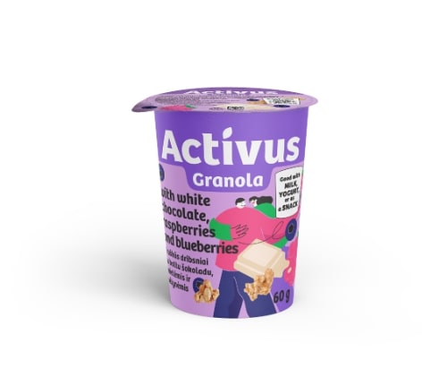 Crunchy flakes ACTIVUS with white chocolate, raspberries and blueberries, in a jar, 60g