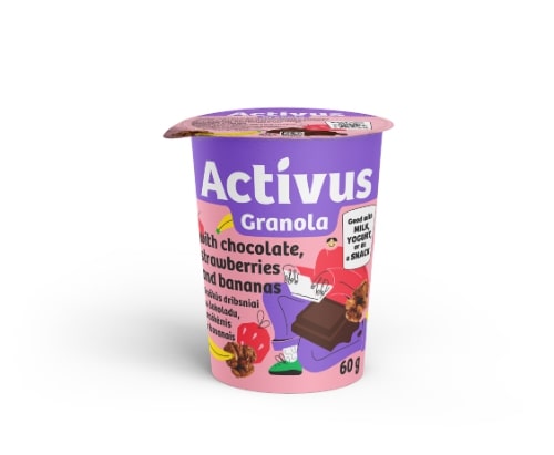 Crunchy flakes ACTIVUS with chocolate, strawberries and bananas, in a jar, 60g
