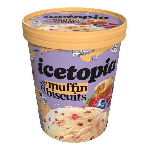 Kekso skonio grietininiai ledai ICETOPIA, sausainių trupiniais ir miško uogų įdaru, 400ml