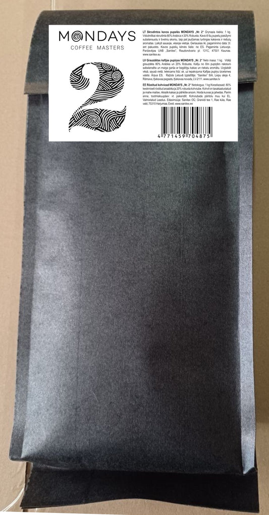 Kavos pupelės MONDAYS Nr.2, Arabica ir Robusta,vidutiniškai skrudinta,1 kg